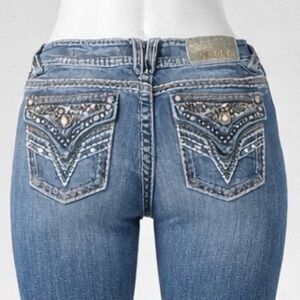 Vigoss Bootcut Jeans Size 1/2 Medium Wash Buckle Style Embellished Pockets 33”